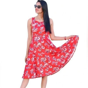 Agnes & Dora Red Orange Blue Floral Midi Dress with Pockets SleeveTank